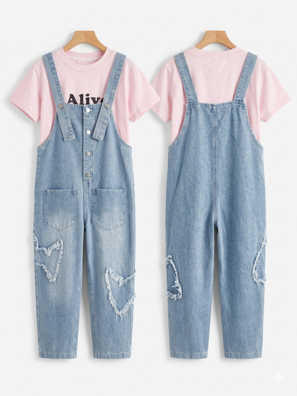 Conjunto "Alive" para Niña – Peto Vaquero con Corazones y Camiseta Rosa Pastel